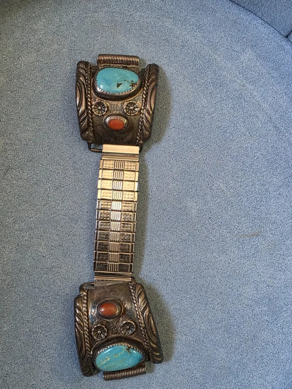 Silver-Tone Link Bracelet with Turquoise and Coral Stones